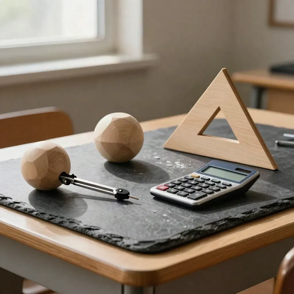 Cyrkiel, bryły geometryczne, kalkulator i model trójkąta na łupkowym blacie.