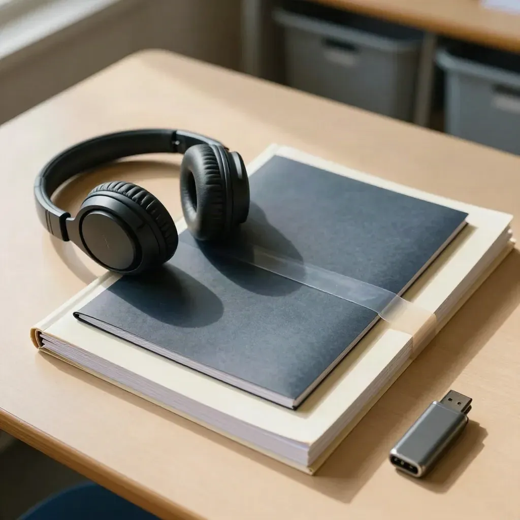 Pakiet szkolny do lekcji: słuchawki, zamknięty folder, zeszyty i etui USB na jasnym podkładzie.