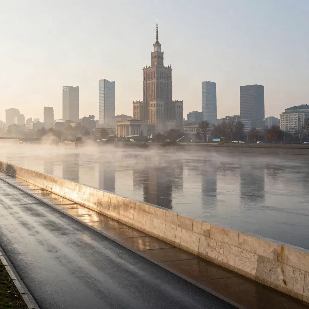 Warszawa nad Wisłą po deszczu o świcie, w mgłach i lśniących odbiciach.